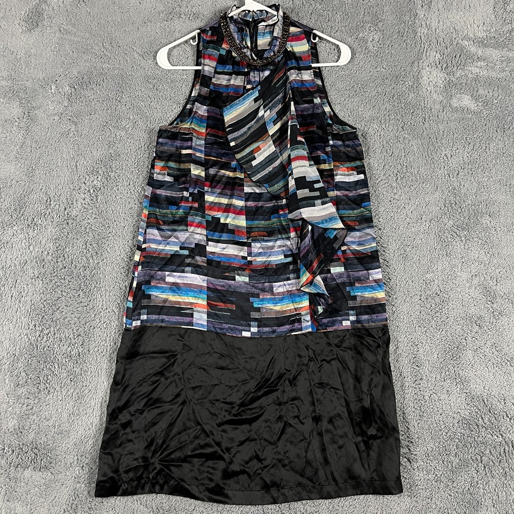 Robert Graham Shift Dress Womens 6 Multi Silk Abstract Beaded Neck Ruffle Front